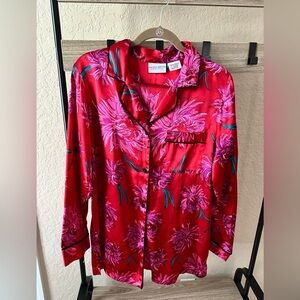 Jaclyn Smith Red Satin Floral Button-Front Top with matching elastic waist pant